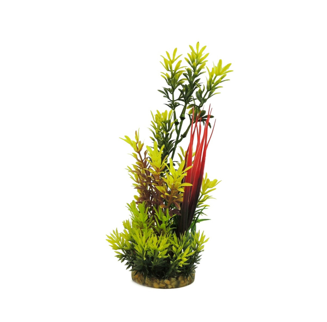 Classic Gravel Base Artificial Plant - Green, Red & Yellow Fern (26cm)