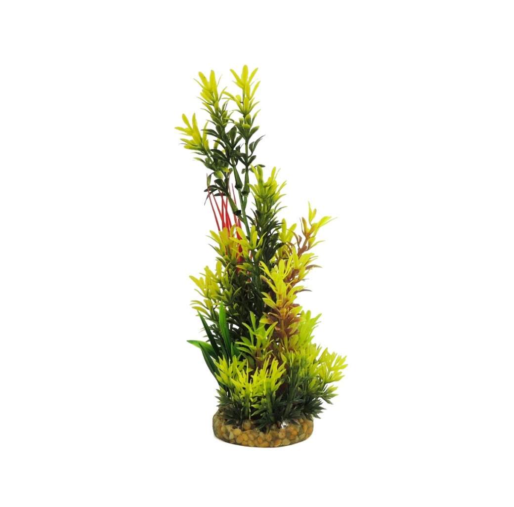 Classic Gravel Base Artificial Plant - Green, Red & Yellow Fern (26cm)