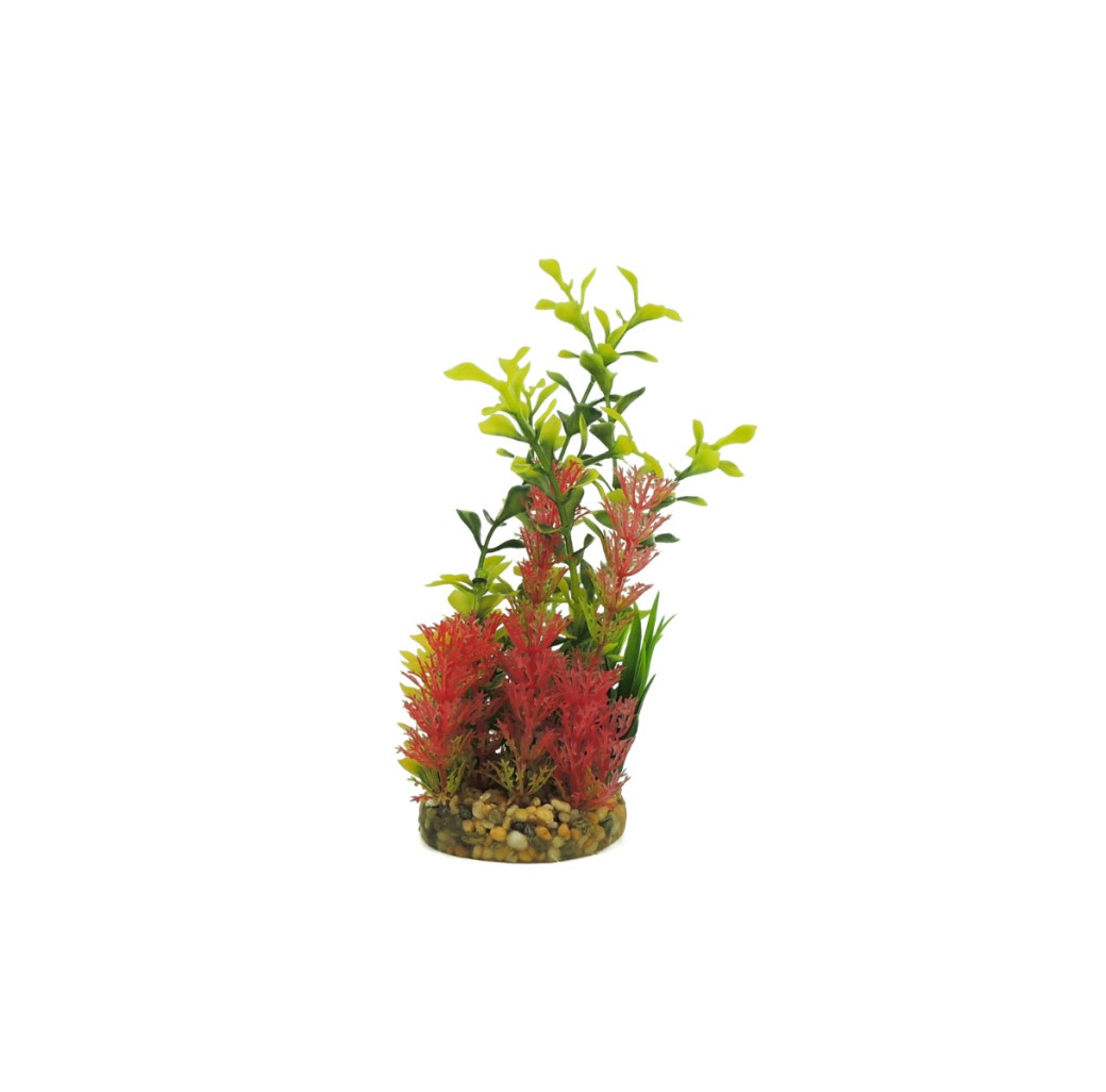 Classic Gravel Base Artificial Plant - Red, Green & Yellow Fern (20cm)