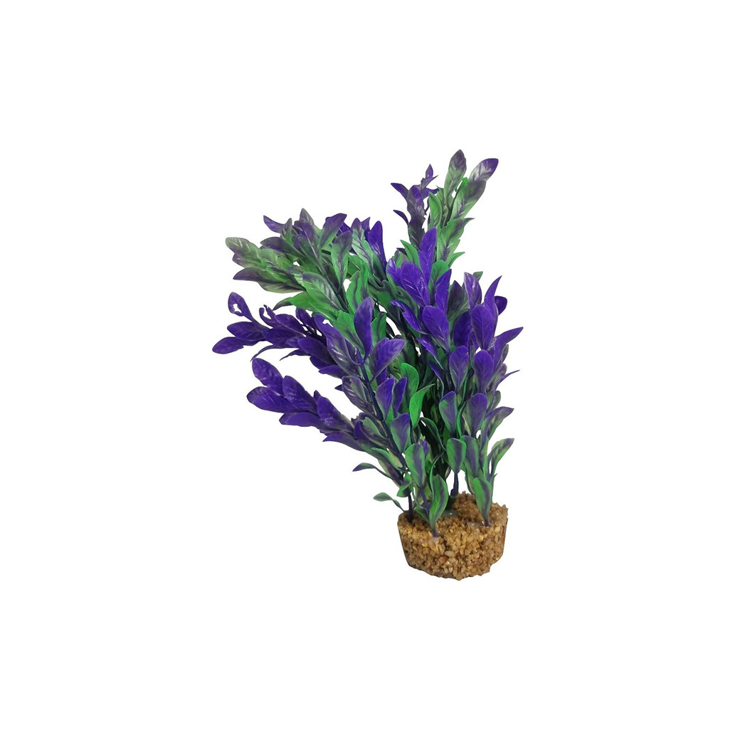 AquaManta Gravel Base Artificial Plant - Purple Green Broad Leaf (20cm)