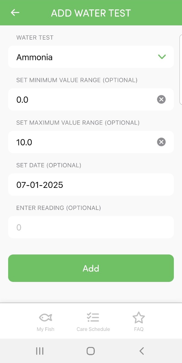 fishkeeper app screenshot showing water test set-up screen