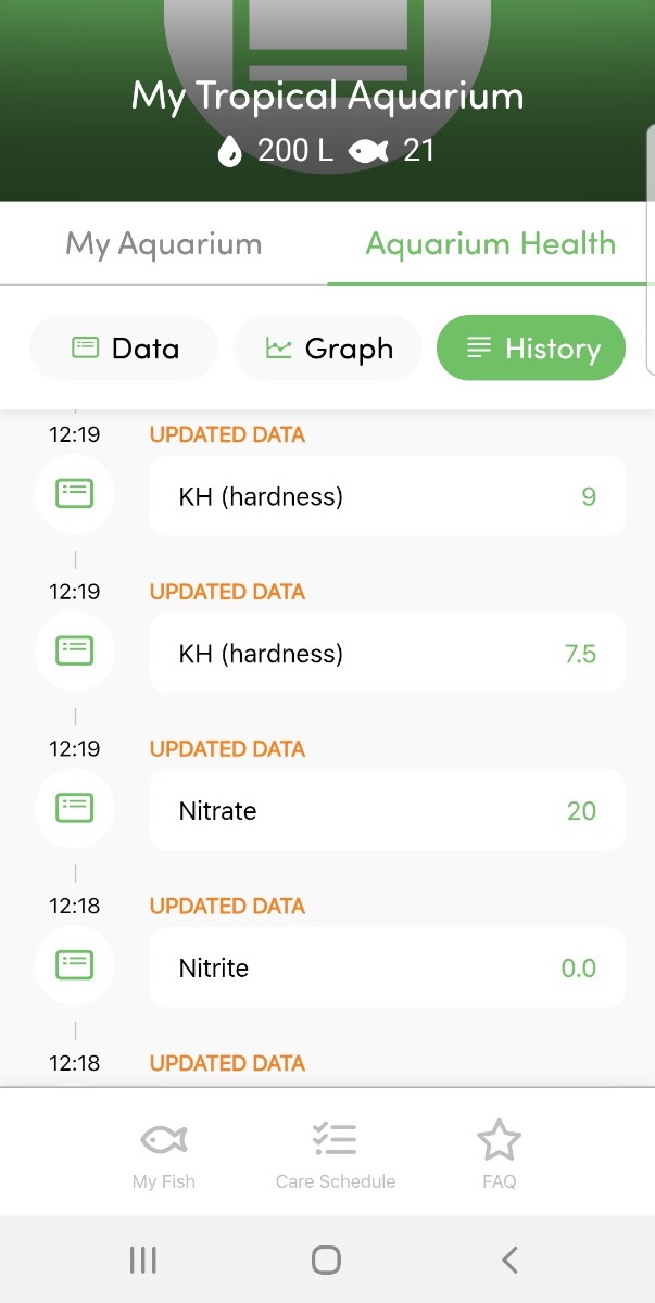 fishkeeper app screenshot showing water quality readings history page