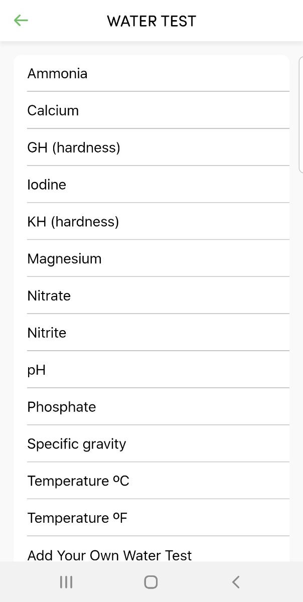 fishkeeper app screenshot showing water parameter options that can be tested